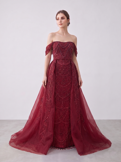 Designer Wine Red Evening Dress with Detachable Train and Embellished Bodice MY30105L-3