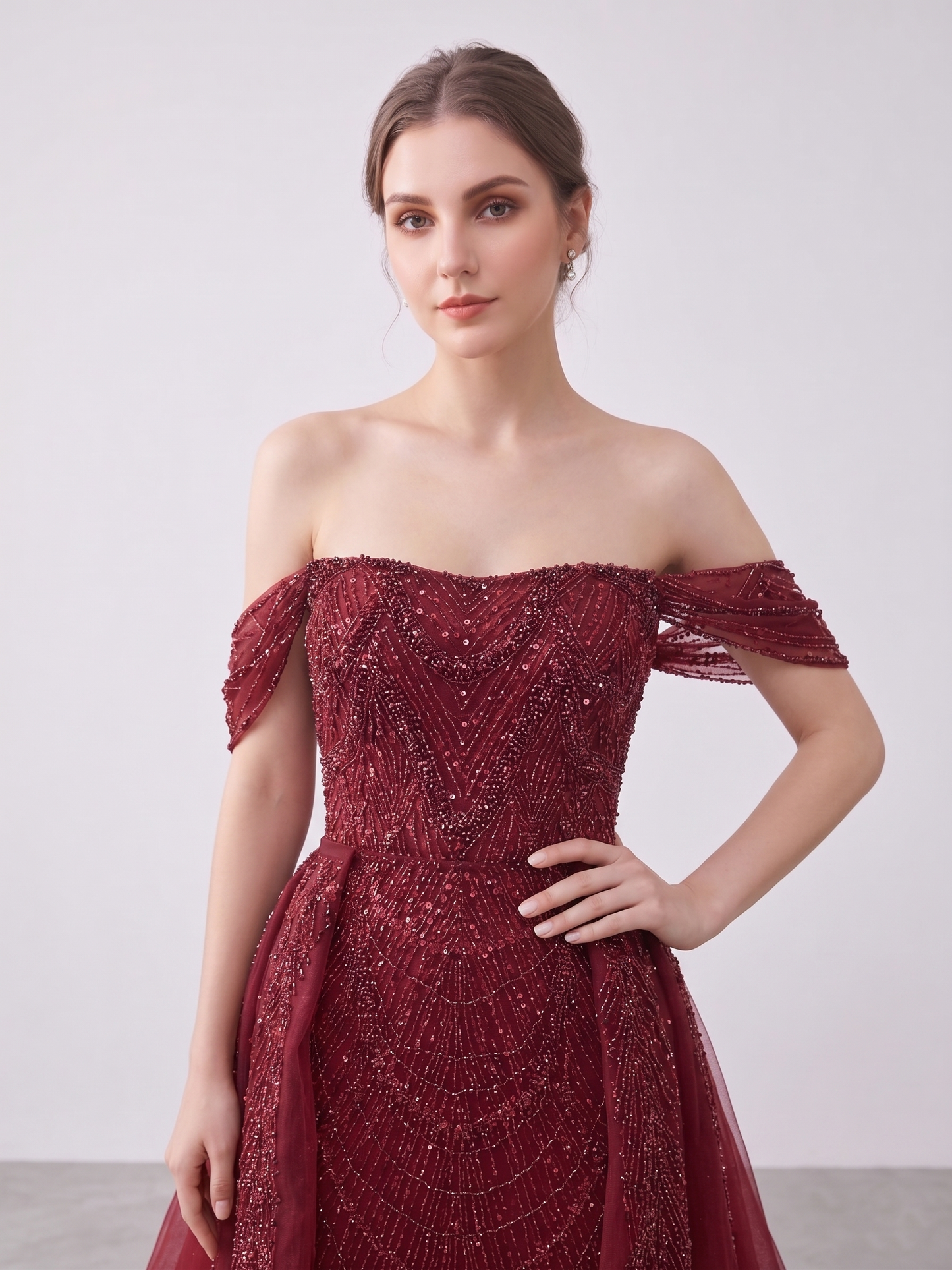 Designer Wine Red Evening Dress with Detachable Train and Embellished Bodice MY30105L-3