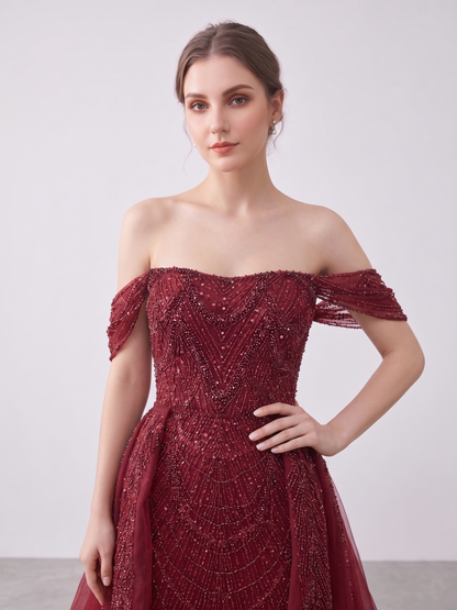 Designer Wine Red Evening Dress with Detachable Train and Embellished Bodice MY30105L-3