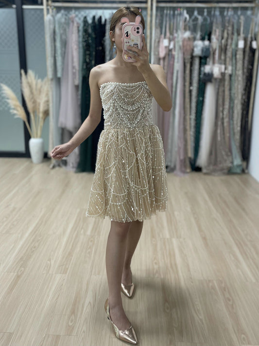 Champagne Sparkly Strapless Mini Short Dress Fully Beaded Cocktail Party MY30105
