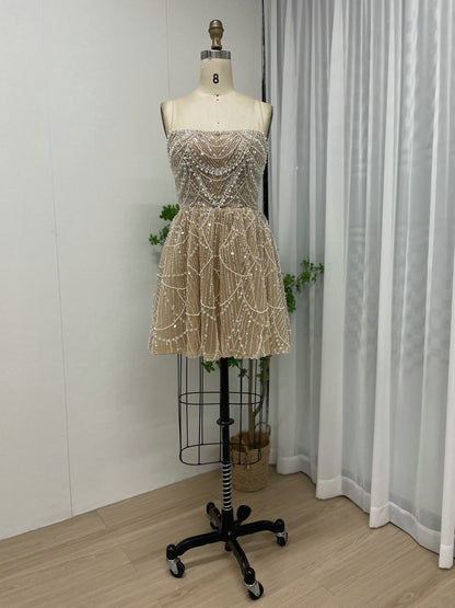 Beaded Champagne Tulle Homecoming Dress - Sparkly Pearl Mini Cocktail Dress MY30105