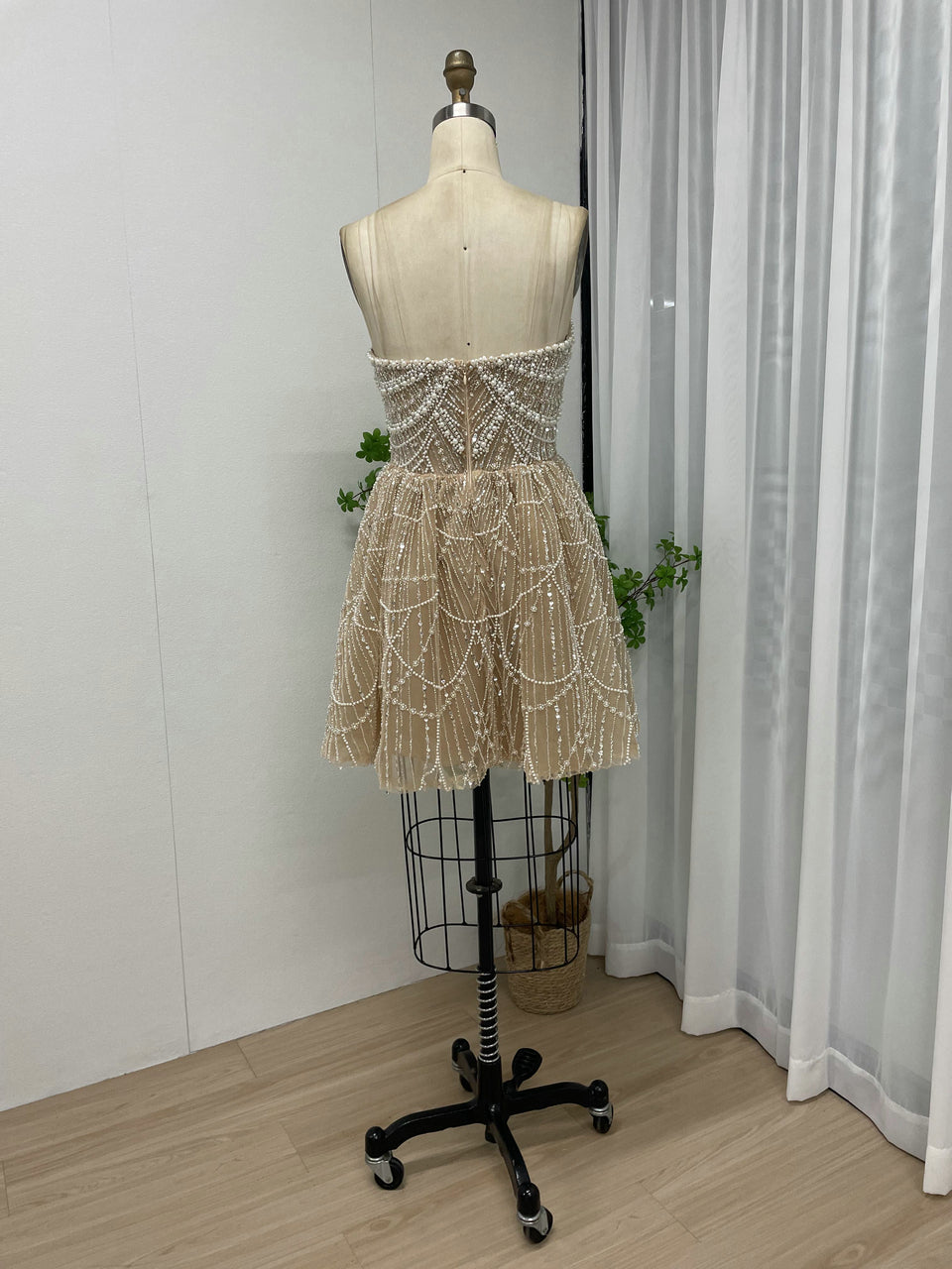 Beaded Champagne Tulle Homecoming Dress - Sparkly Pearl Mini Cocktail Dress MY30105