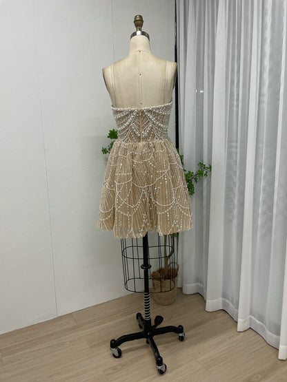 Beaded Champagne Tulle Homecoming Dress - Sparkly Pearl Mini Cocktail Dress MY30105