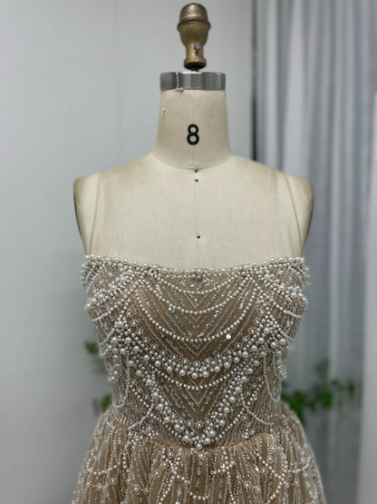 Beaded Champagne Tulle Homecoming Dress - Sparkly Pearl Mini Cocktail Dress MY30105