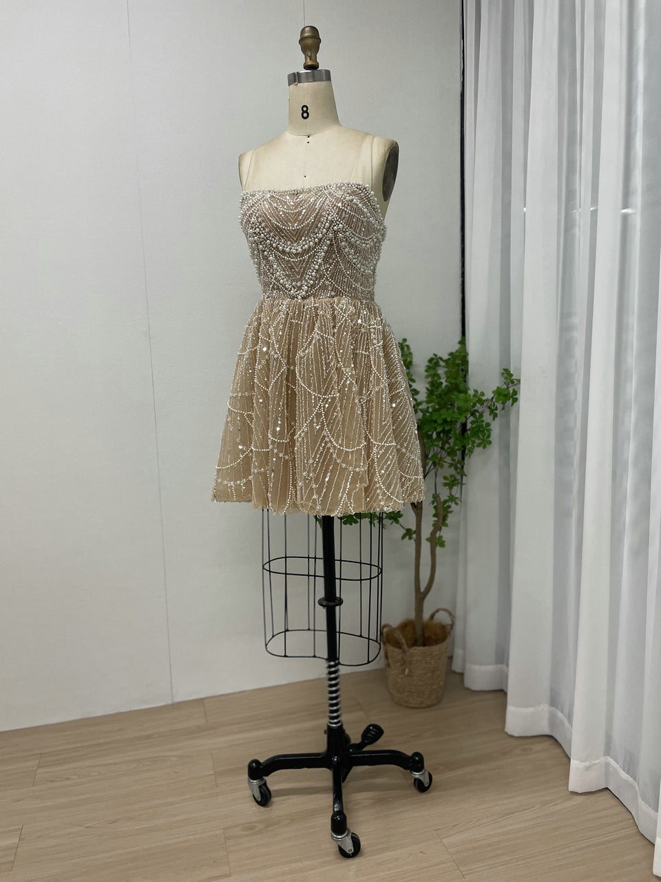 Beaded Champagne Tulle Homecoming Dress - Sparkly Pearl Mini Cocktail Dress MY30105