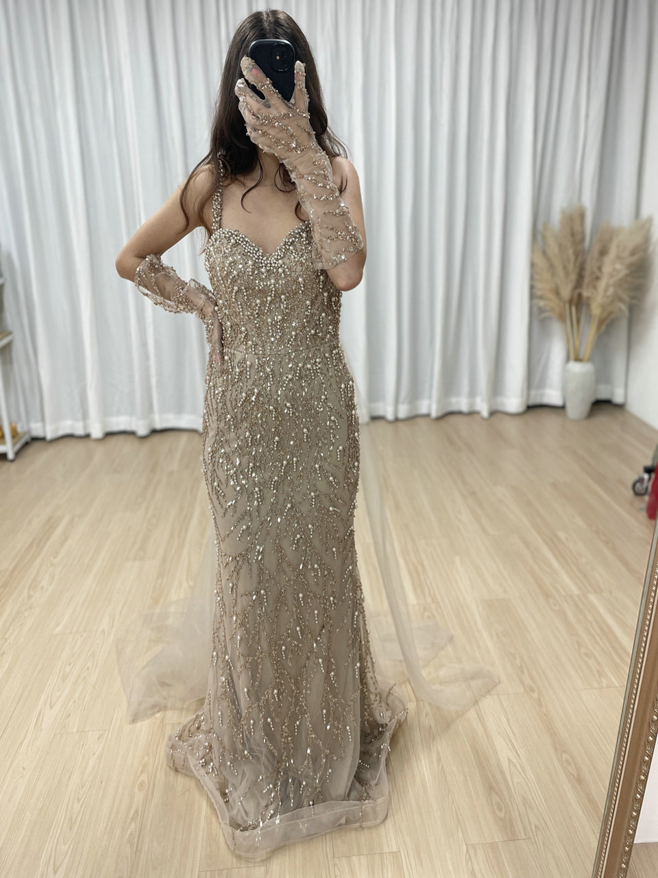 Caramel Beaded Mermaid Gown with Off-Shoulder Sleeves Pearls MY30106