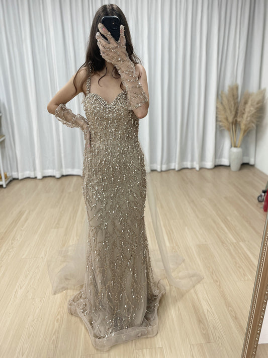 Caramel Beaded Mermaid Gown with Off-Shoulder Sleeves Pearls MY30106