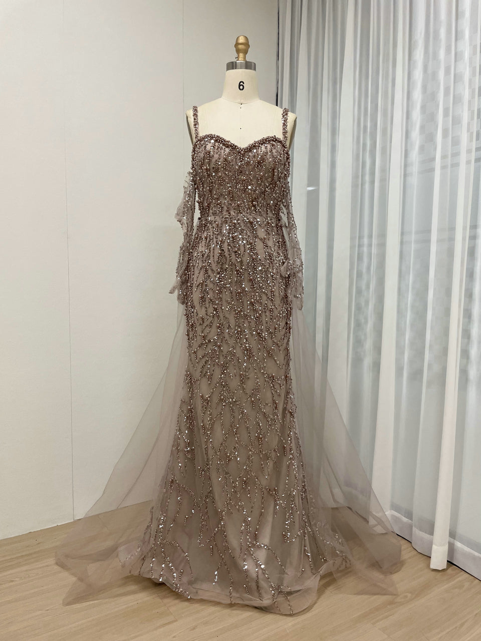 Caramel Beaded Mermaid Gown with Off-Shoulder Sleeves Pearls MY30106