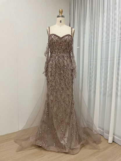 Caramel Beaded Mermaid Gown with Off-Shoulder Sleeves Pearls MY30106