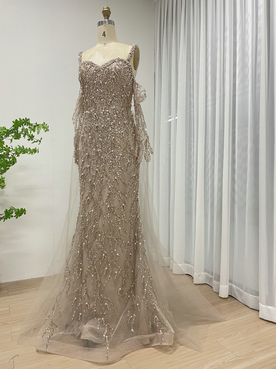Caramel Beaded Mermaid Gown with Off-Shoulder Sleeves Pearls MY30106