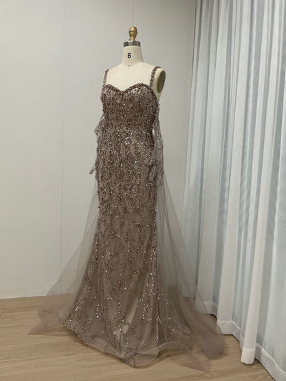 Caramel Beaded Mermaid Gown with Off-Shoulder Sleeves Pearls MY30106