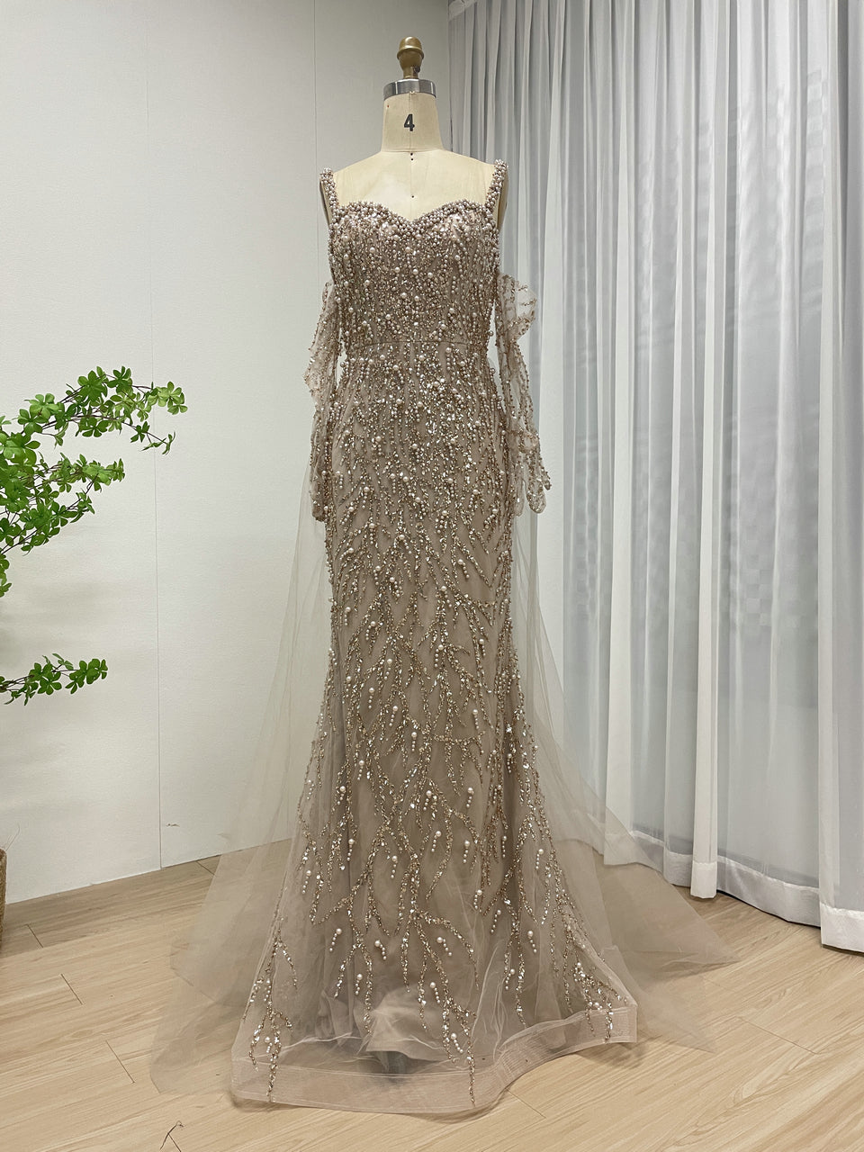 Caramel Beaded Mermaid Gown with Off-Shoulder Sleeves Pearls MY30106