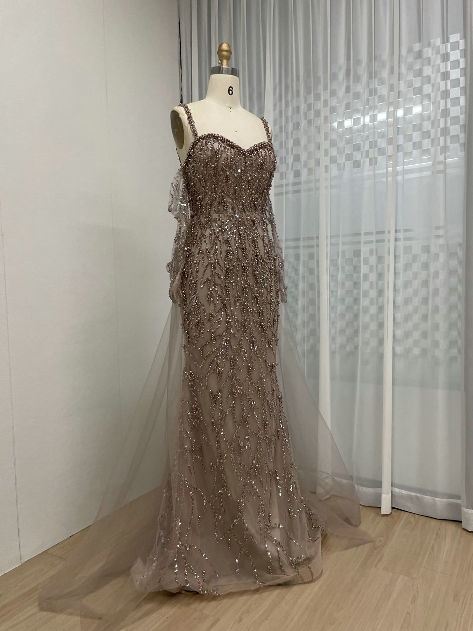 Caramel Beaded Mermaid Gown with Off-Shoulder Sleeves Pearls MY30106