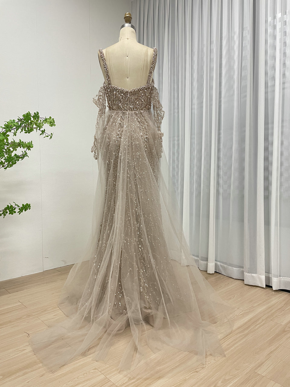 Caramel Beaded Mermaid Gown with Off-Shoulder Sleeves Pearls MY30106