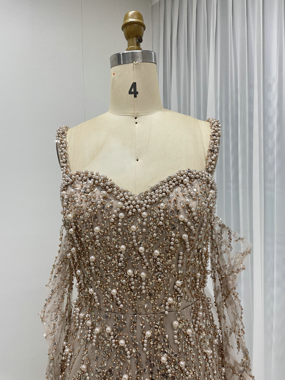 Caramel Beaded Mermaid Gown with Off-Shoulder Sleeves Pearls MY30106