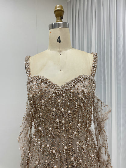 Caramel Beaded Mermaid Gown with Off-Shoulder Sleeves Pearls MY30106