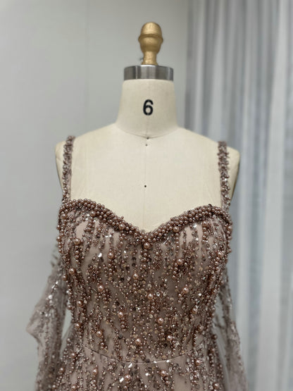 Caramel Beaded Mermaid Gown with Off-Shoulder Sleeves Pearls MY30106