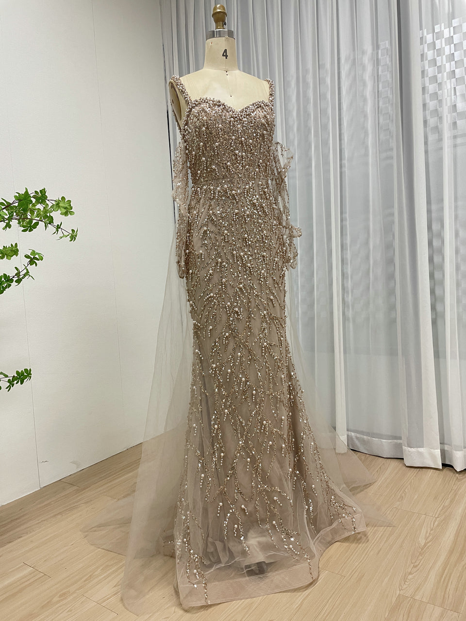 Caramel Beaded Mermaid Gown with Off-Shoulder Sleeves Pearls MY30106