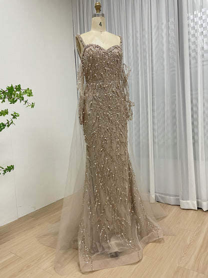 Caramel Beaded Mermaid Gown with Off-Shoulder Sleeves Pearls MY30106