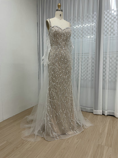 Caramel Beaded Mermaid Gown with Off-Shoulder Sleeves Pearls MY30106
