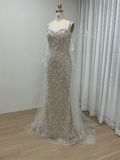 Caramel Beaded Mermaid Gown with Off-Shoulder Sleeves Pearls MY30106