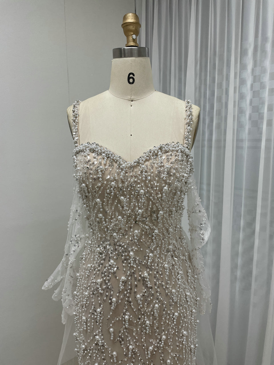 Caramel Beaded Mermaid Gown with Off-Shoulder Sleeves Pearls MY30106