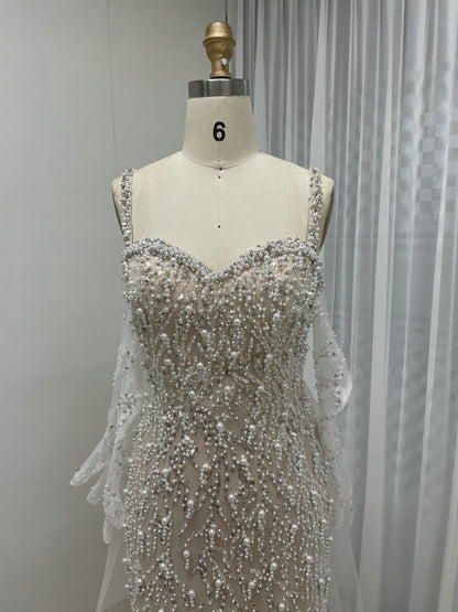 Caramel Beaded Mermaid Gown with Off-Shoulder Sleeves Pearls MY30106