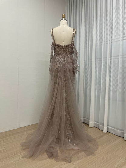 Caramel Beaded Mermaid Gown with Off-Shoulder Sleeves Pearls MY30106