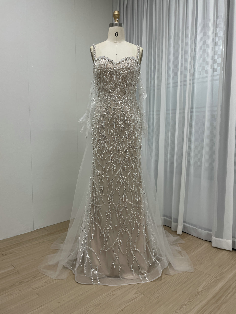 Caramel Beaded Mermaid Gown with Off-Shoulder Sleeves Pearls MY30106