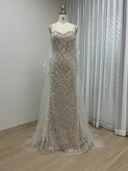 Caramel Beaded Mermaid Gown with Off-Shoulder Sleeves Pearls MY30106