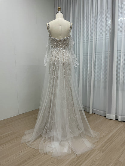 Caramel Beaded Mermaid Gown with Off-Shoulder Sleeves Pearls MY30106