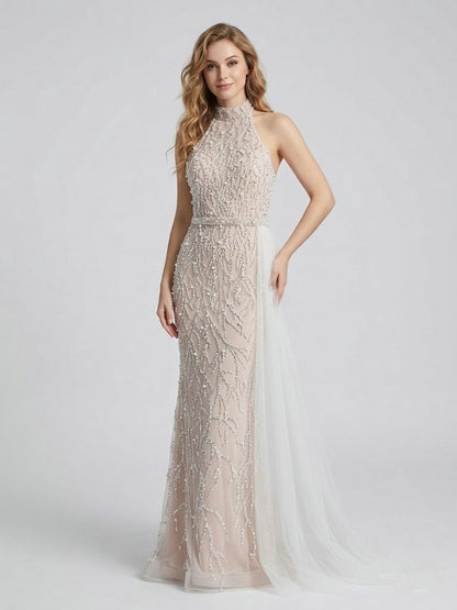 Luxury Pearl Embellished High Neck Mermaid Evening Gowns MY30107