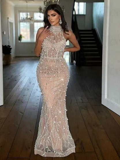 Luxury Pearl Embellished High Neck Mermaid Evening Gowns MY30107