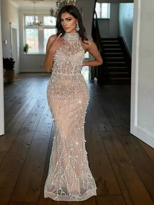 Luxury High Neck Nude Beaded Evening Dress Mermaid Prom Gown Bridal MY30107