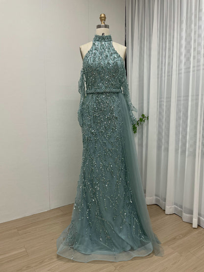 Luxury Pearl Embellished High Neck Mermaid Evening Gowns MY30107