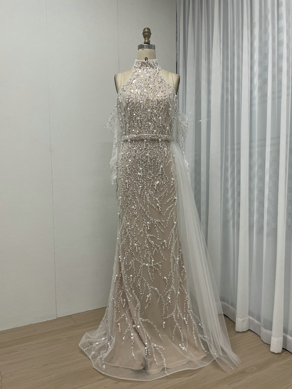 Luxury Pearl Embellished High Neck Mermaid Evening Gowns MY30107