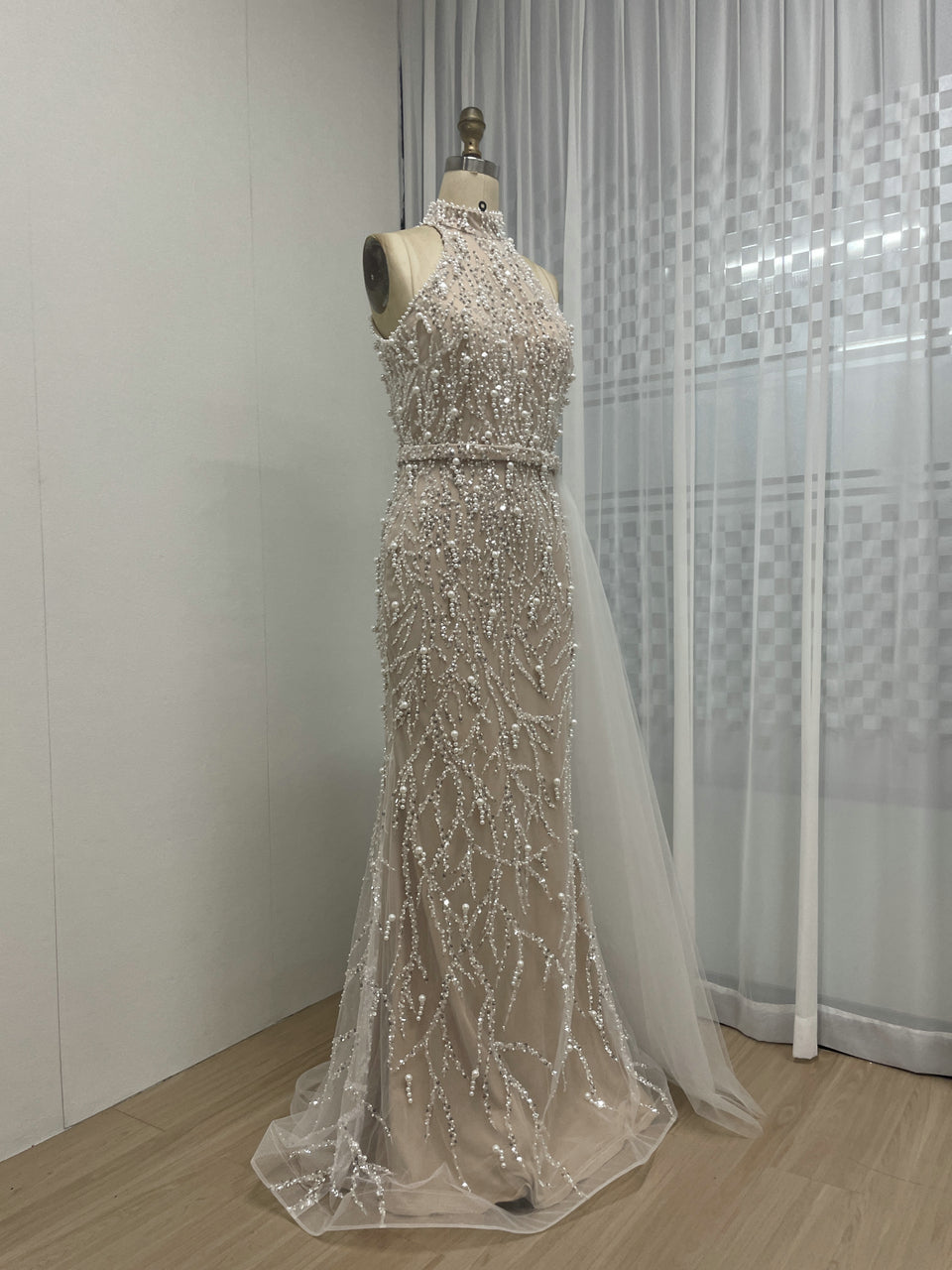 Luxury Pearl Embellished High Neck Mermaid Evening Gowns MY30107