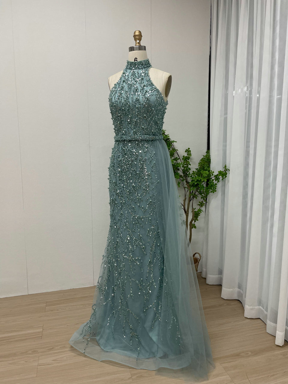 Luxury Pearl Embellished High Neck Mermaid Evening Gowns MY30107