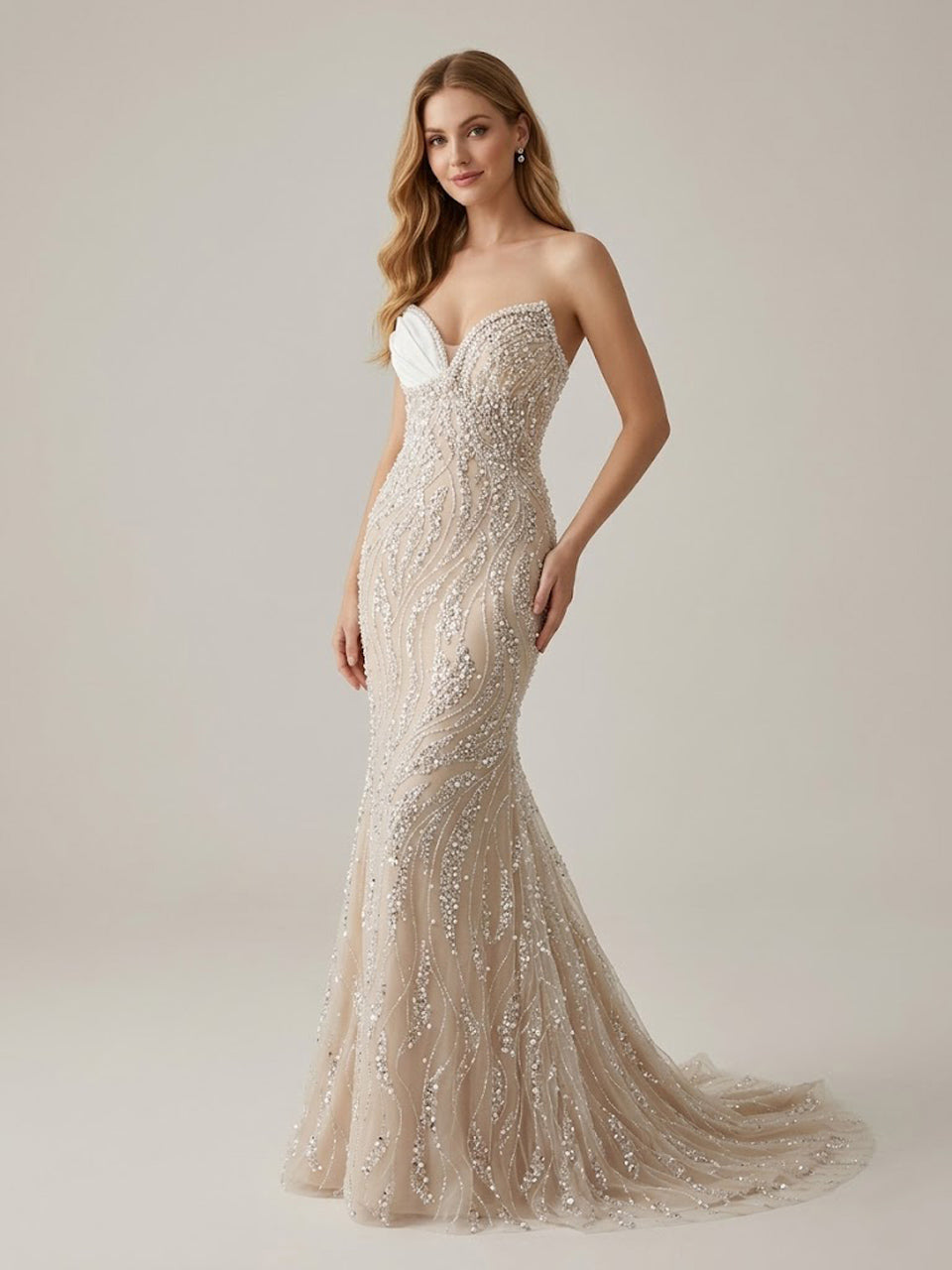 Luxury White Silver Sequin Mermaid Evening Gown MY30108-B