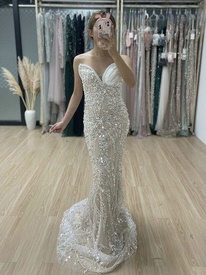 Luxury White Silver Sequin Mermaid Evening Gown MY30108-B