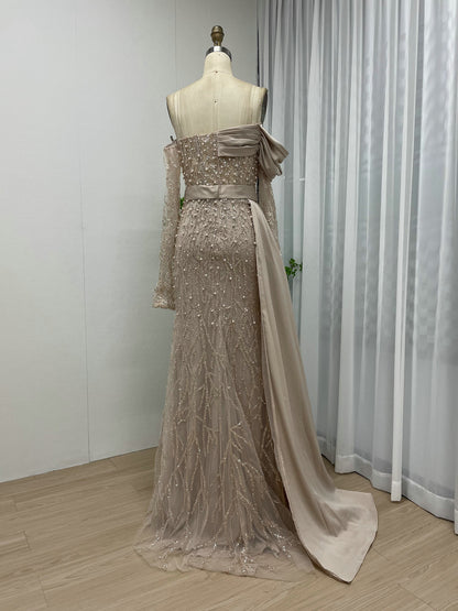 Asymmetrical Drape Slit Evening Dress Elegant Pearl A-line Prom Gown MY30109-2