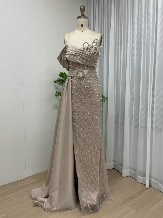 Asymmetrical Drape Slit Evening Dress Elegant Pearl A-line Prom Gown MY30109-2