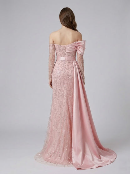 Blush Pink Asymmetrical Beaded Evening Gown with Satin Overskirt MY30109