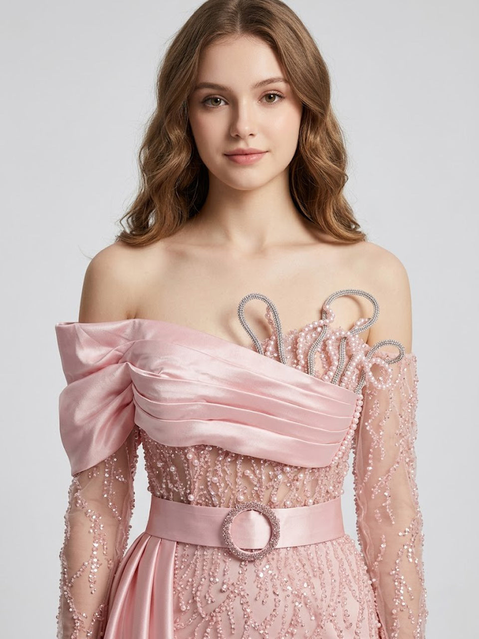 Blush Pink Asymmetrical Beaded Evening Gown with Satin Overskirt MY30109