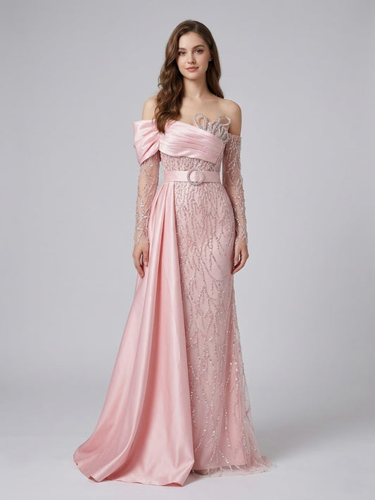 Blush Pink Asymmetrical Beaded Evening Gown with Satin Overskirt MY30109