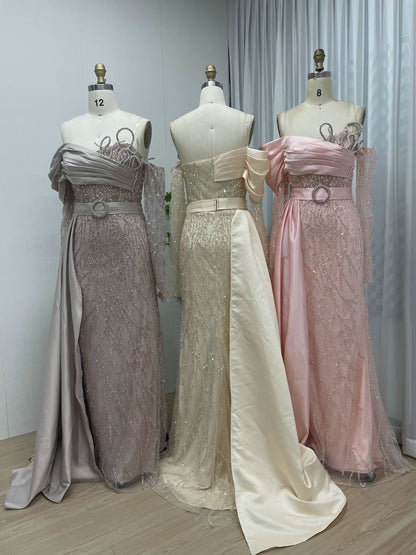Blush Pink Asymmetrical Beaded Evening Gown with Satin Overskirt MY30109