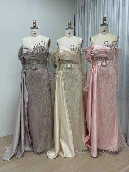 Blush Pink Asymmetrical Beaded Evening Gown with Satin Overskirt MY30109