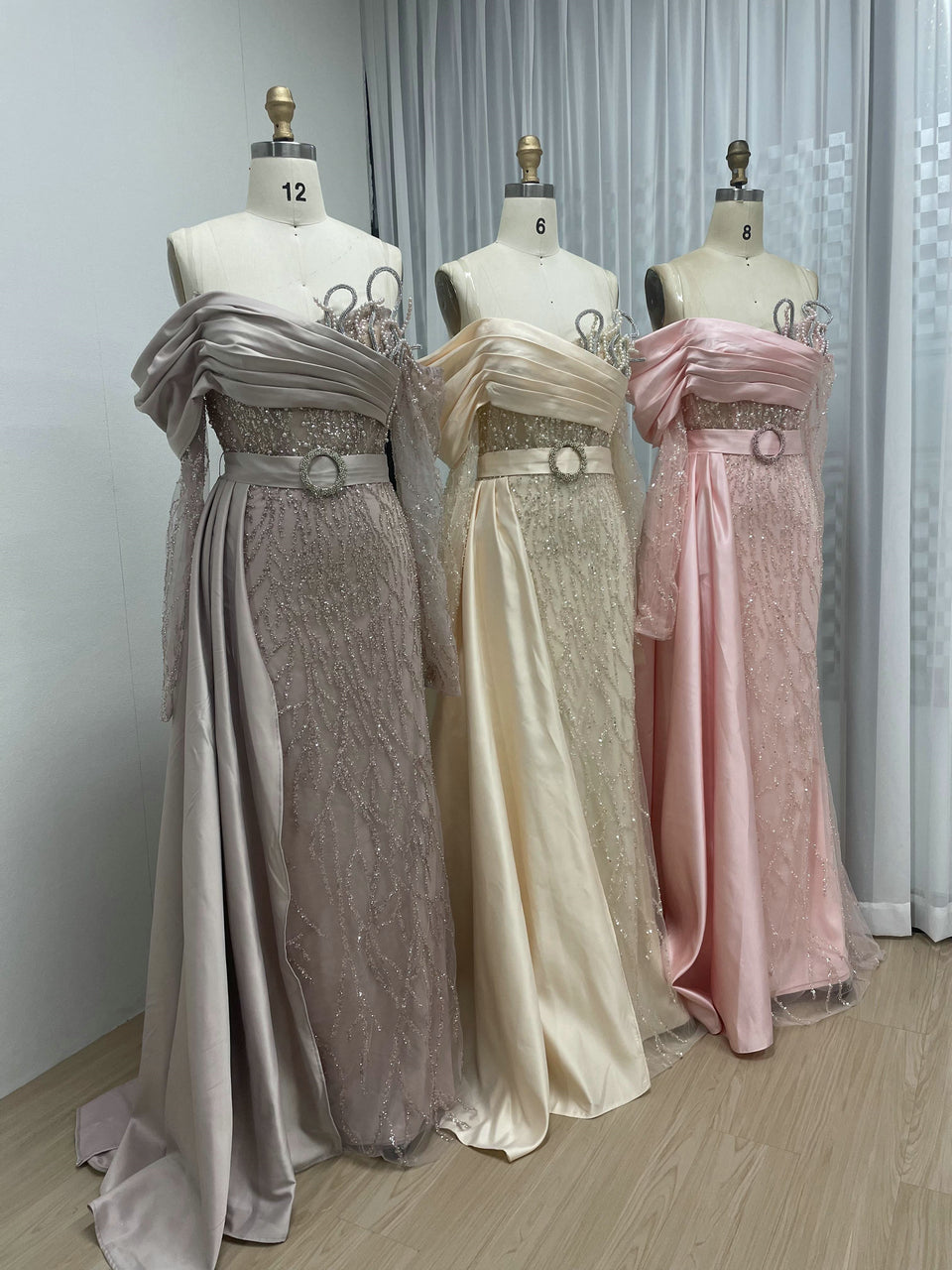 Blush Pink Asymmetrical Beaded Evening Gown with Satin Overskirt MY30109