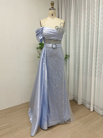 Blush Pink Asymmetrical Beaded Evening Gown with Satin Overskirt MY30109