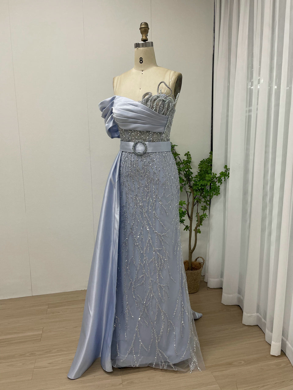 Blush Pink Asymmetrical Beaded Evening Gown with Satin Overskirt MY30109